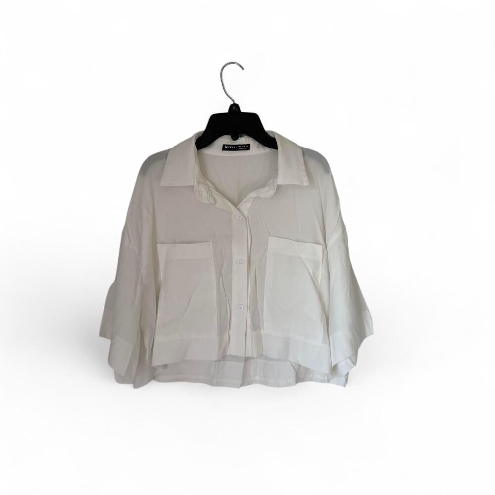 Joress Women's White Blouse sheer button-up blouse with pockets M Medium